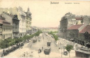 Budapest V. Károly körút, villamosok, Szőnyegáruház, Haldek reklám, Ágytollak, Auerback Mór üzlete