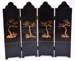 Kisméretű keleti (japán?) fa paraván, kézzel festett, apró kopásokkal, 39×45 cm