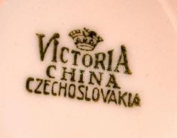 2 db Victoria porcelán tárgy: csésze, fogpiszkálótartó, matricás, jelzett, kopásokkal, különböző mér...