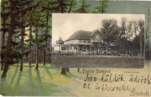 1902 Szatmárnémeti, Szatmár, Satu Mare; Városi kioszk. Kiadja Reizer János, erdei litho keret / kiosk. Forest litho frame