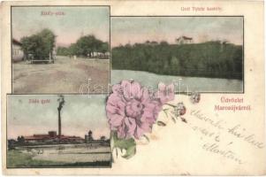 1907 Marosújvár, Ocna Mures; Király utca, Gróf Teleki kastély, Szóda gyár. Grünn Géza kiadása / street, castle, soda factory, floral (EK)