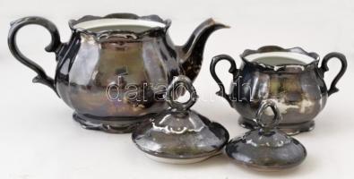 Bareuther Bavaria porcelán teás készlet (csésze+alj, cukortartó, kanna), jelzettek, kopásokkal, külö...