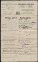 1918 Apatin, Nyílt parancs az apatini (Délvidék) katonai tanács futára számára a budapesti hadügyminisztériumba utazáshoz, aláírással, pecsételve
