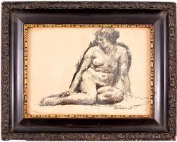 Aba jelzéssel: Ülő női akt. Tus, papír, üvegezett keretben, 15×22 cm