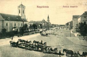 Nagykikinda, Kikinda; Ferenc József tér, lovaskocsik, templom. W.L. Bp. 2128. / square, horse carts, church (EK)