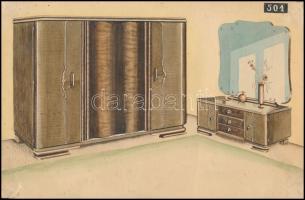 cca 1935 Bútorkészítő cég látványtervi reklámja, akvarell, 19,5×29,5 cm
