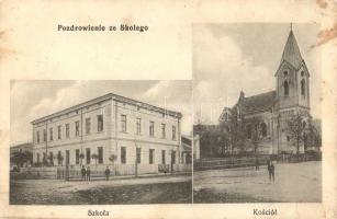Skole, Pozdrowienie ze Skolego; Szkola, Kosciol / school, church (Rb)
