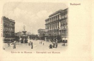 Budapest IX. Kálvin tér, villamos, Gyógyszertár, szökőkút, Nemzeti Múzeum. Rigler J. E. rt. (r)