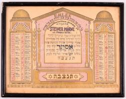 cca 1943 Izraelita vallású elhunyt személy halálának évfordulós napjait tartalmazó emléktáblázat, üvegezett keretben