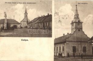 1929 Csépa, Fő utca, Római katolikus és református templom, Szentháromság szobor