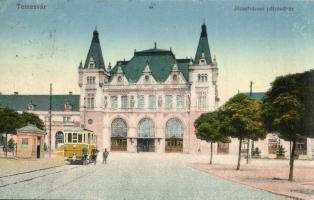 Temesvár, Timisoara; Józsefvárosi vasútállomás, villamos szerelőkkel / Iosefin railway station, tram with mechanics (Rb)