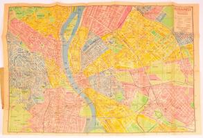 1943 Budapest útmutatója a belterület térképével, autóbusz és villamos vonalak, szakaszhatárok jelzése, 50×68 cm