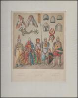 8 db fekete-fehér metszet és színes nyomtatvány (hangszerek, német viseletek, középkori katonai vise...