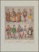 8 db fekete-fehér metszet és színes nyomtatvány (hangszerek, német viseletek, középkori katonai vise...