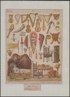 8 db fekete-fehér metszet és színes nyomtatvány (hangszerek, német viseletek, középkori katonai vise...