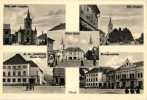 Técső, Tiacevo, Tiachiv; Fő tér, Római katolikus és református templom, Korona szálloda, M kir. Járásbíróság, Román hegyek / main square, churches, hotel, county court, Romanian mountains