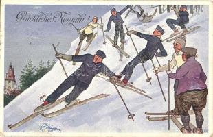 Glückliches Neujahr! / People skiing, winter sport, humour. B.K.W.I. 820-3. s: Fritz Schönpflug (EB)