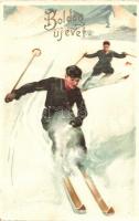 Boldog Újévet! / Men skiing, winter sport. B.R. Nr. 8405.