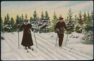 Couple skiing on the edge of the forest, winter sport