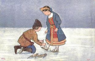 Folklore couple attaching ice skates. winter sport. B.K.W.I. 575-5. Hátoldalon reklám "Ha száraz az Ön haja Manol-Neutralint használja, Meglátja nem teszi hiába." (Rb)