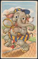 1958 Elephant playing tennis with tennis racket. Mechanical postcard with moving eyes