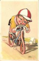 Boy cyclist on bicycle. Cecami N. 1066. Italian art postcard s: M.M.