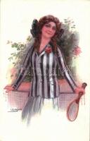 Lady with tennis racket. Italian art postcard, Erkal No. 336/3. s: Usabal (EK)