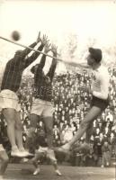 1953 Magyar-Szovjet röplabda meccs, Benke lecsapása / Hungarian-Soviet volleyball match. photo (lyukak / pinholes)