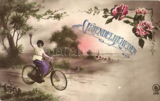 Myne Vriendelijkheden / My Kindnesses. Lady on bicycle, greeting card with flowers
