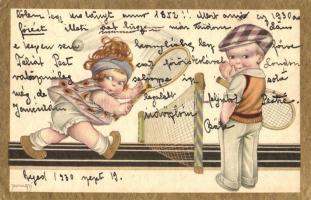 Italian art postcard, children playing tennis. Degami 2205. (EK)
