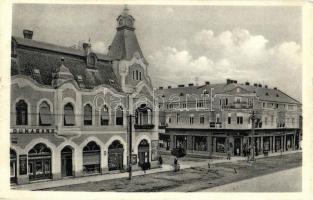 Nagymihály, Michalovce; Fő utca, Duna bank, üzletek / Hlavná ulica / main street, bank, shops