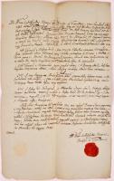 1842 Kiskunszabadszállás város szerződése a jakabszállási kocsma bérletéről. A városi elöljárók aláírásával és a város címeres pecsétjével