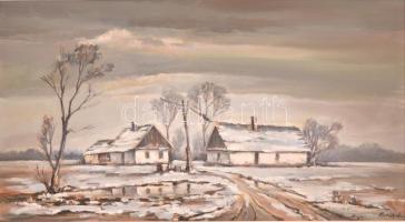 Bobák László (1950-): Tél a tanyán. Olaj, farost, jelzett, keretben, 44×80 cm