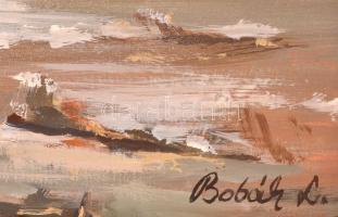 Bobák László (1950-): Tél a tanyán. Olaj, farost, jelzett, keretben, 44×80 cm