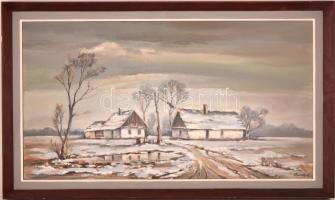 Bobák László (1950-): Tél a tanyán. Olaj, farost, jelzett, keretben, 44×80 cm