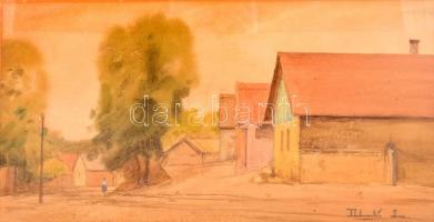 Dobroszláv Lajos (1902-1987): Falusi utcarészlet. Akvarell-ceruza, papír, jelzett, üvegezett keretben, kopás nyomokkal, 22×44 cm