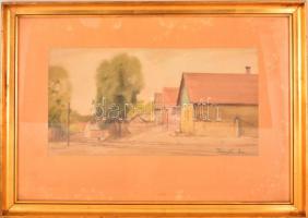 Dobroszláv Lajos (1902-1987): Falusi utcarészlet. Akvarell-ceruza, papír, jelzett, üvegezett keretbe...