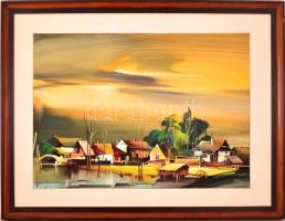 Fassel L'ousa Ferenc (1915-2009): Távoli fények. Akvarell, papír, jelzett, keretben, üveg nélkü...