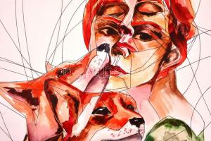 Kun Sarolta (1990- ): Mozgásban. Akvarell-tus, papír, jelzett, feltekerve, 50×40 cm