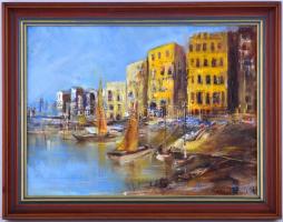 Simon János (1945-): Vitorlások. Olaj, farost, jelzett, keretben, 30×40 cm