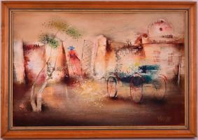 Várkonyi János (1947-):  Udvar. Olaj, farost, jelzett,  keretben, 40×60 cm