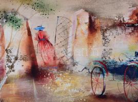 Várkonyi János (1947-):  Udvar. Olaj, farost, jelzett,  keretben, 40×60 cm