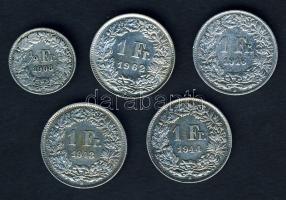Svájc 1/2Fr Ag 1908 + 1Fr Ag 1916,1943,1944,1962 T:2/3,3 kis ph.