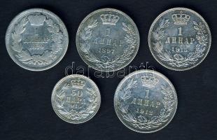 Szerbia 50p Ag 1915 + 1D Ag 1879,1897,1912,1915 Összesen 5db! T:2/3,3,4+ ph.