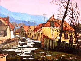 Arató István (1922-2010): Télvége Kesztölcön. Olaj, farost, jelzett, keretben, 60×80 cm