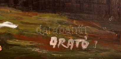 Arató István (1922-2010): Télvége Kesztölcön. Olaj, farost, jelzett, keretben, 60×80 cm