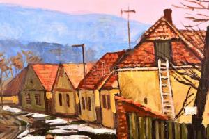 Arató István (1922-2010): Télvége Kesztölcön. Olaj, farost, jelzett, keretben, 60×80 cm