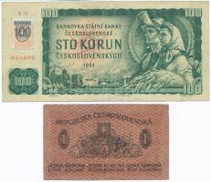 Csehszlovákia 1919. 1K + Szlovákia 1993. (1961) 100K szlovák bélyeggel T:III,III-  Czechoslovakia 1919. 1 Koruna + Slovakia 1993. (1961) 100 Korun with Slovakian stamp C:F,VG
