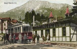 1922 Ótátrafüred, Altschmecks, Stary Smokovec (Tátra, Tatry); siklóvasút vasútállomás Poprád felé, vonat / funicular railway station with train (EK)