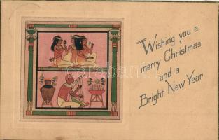 3 db RÉGI egyiptomi motívumlap karácsonyi és újévi üdvözlettel /  3 pre-1945 Egyptian art postcards ...